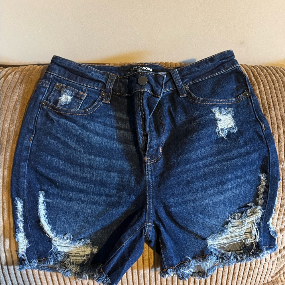 Fashion Nova Dark Blue Distressed Jean Shorts